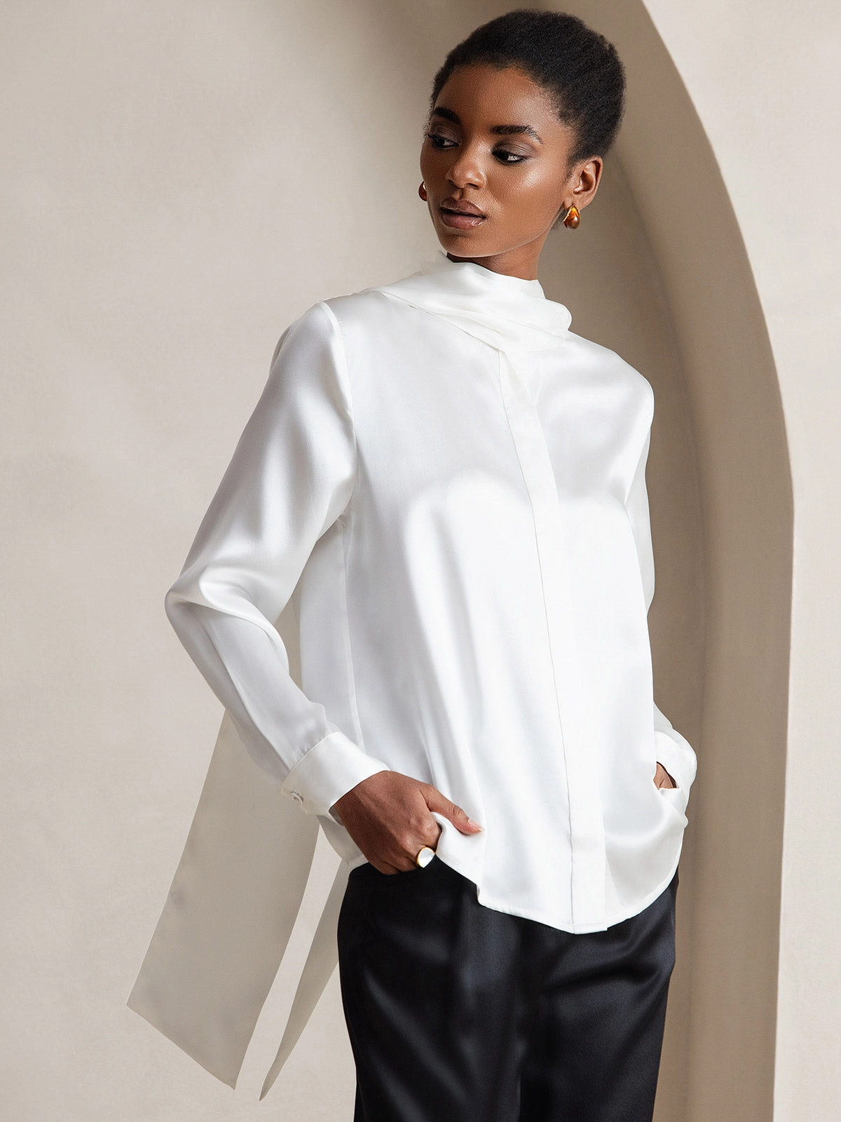 Women's 19 Momme Silk Classic Tie Neck Shirt