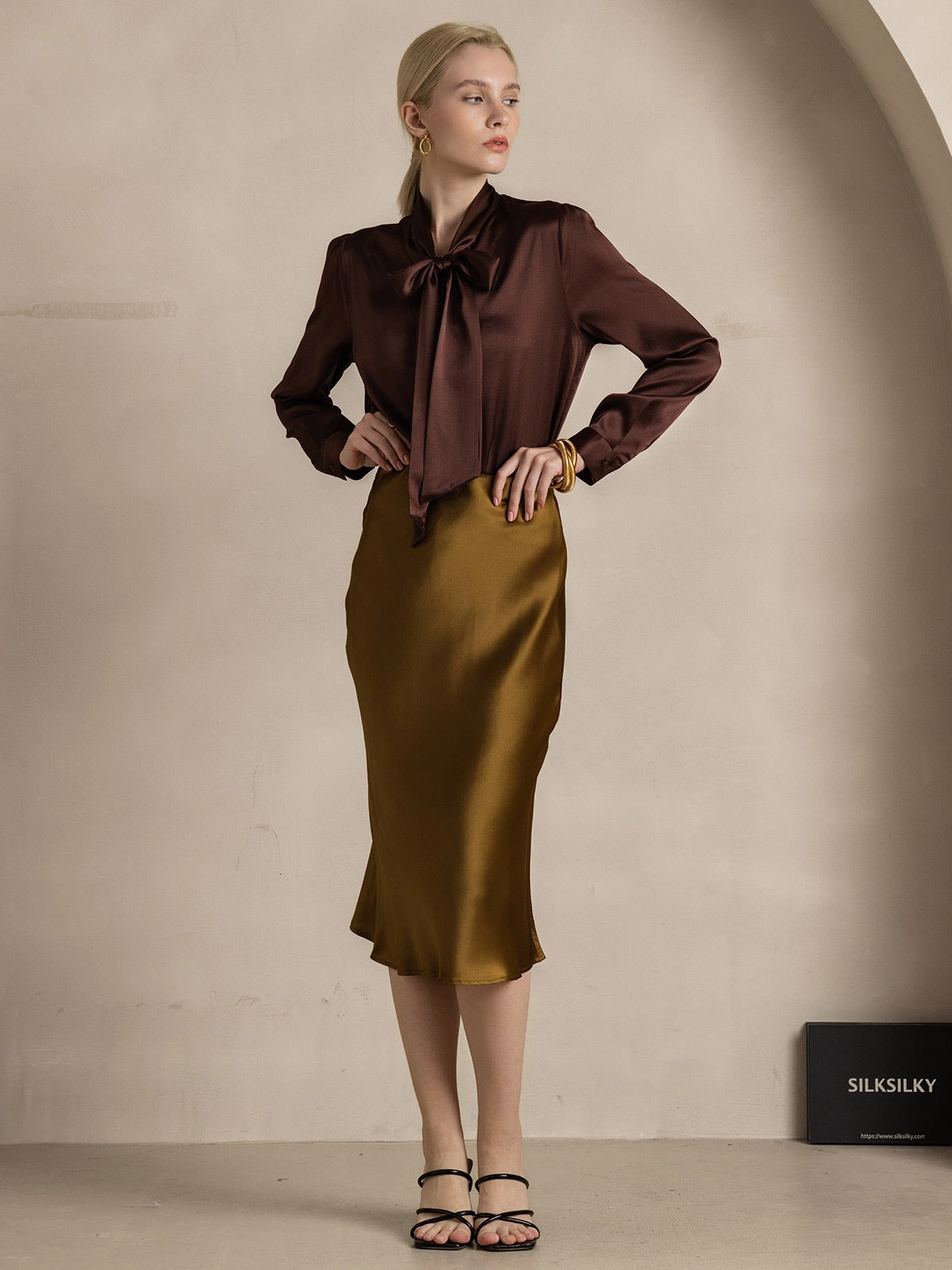 Women's 19 Momme Silk Elegant Tie Neck Long-sleeved Shirt