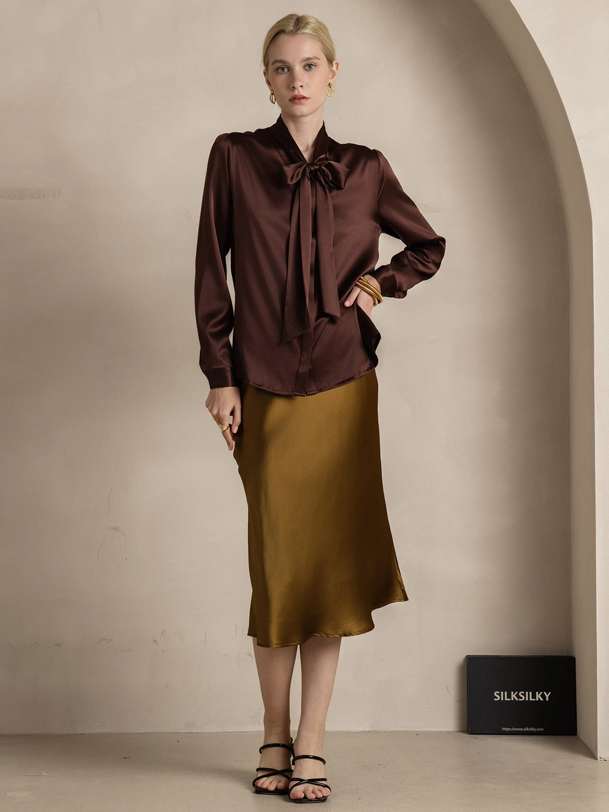 Women's 19 Momme Silk Elegant Tie Neck Long-sleeved Shirt