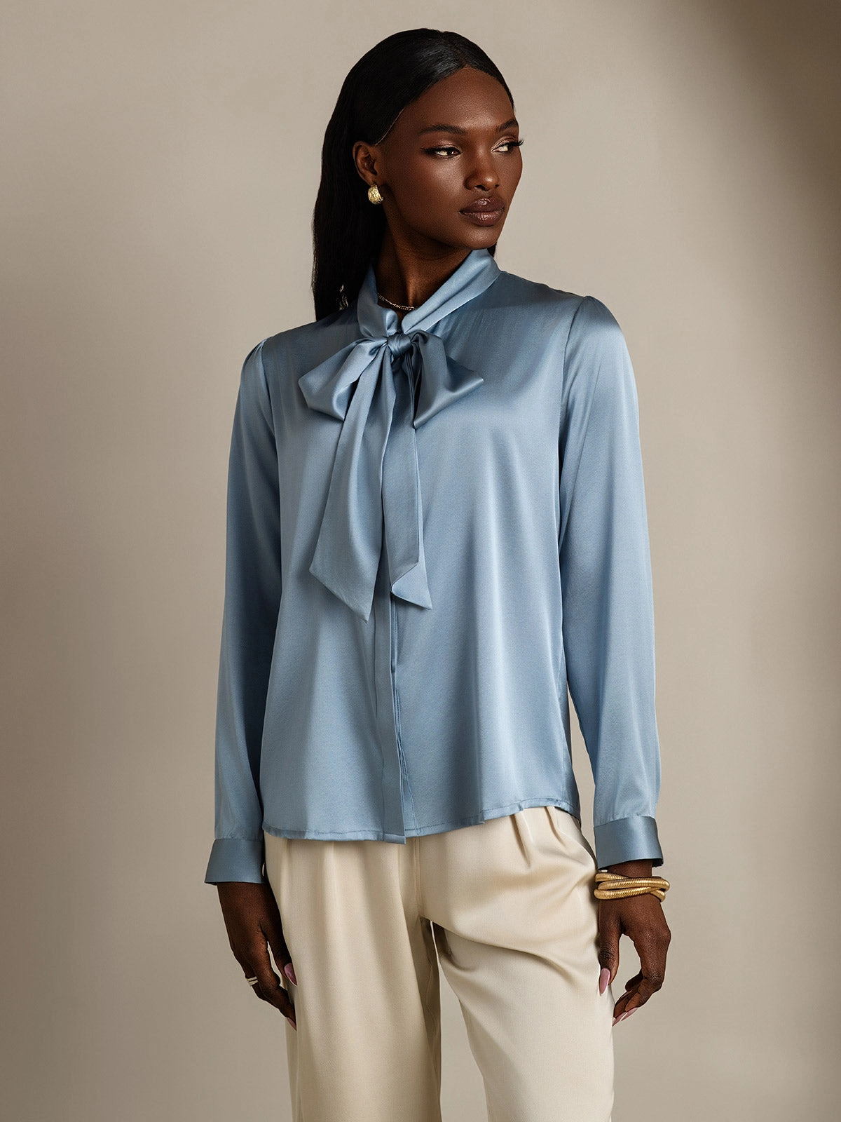 Women's 19 Momme Silk Elegant Tie Neck Long-sleeved Shirt