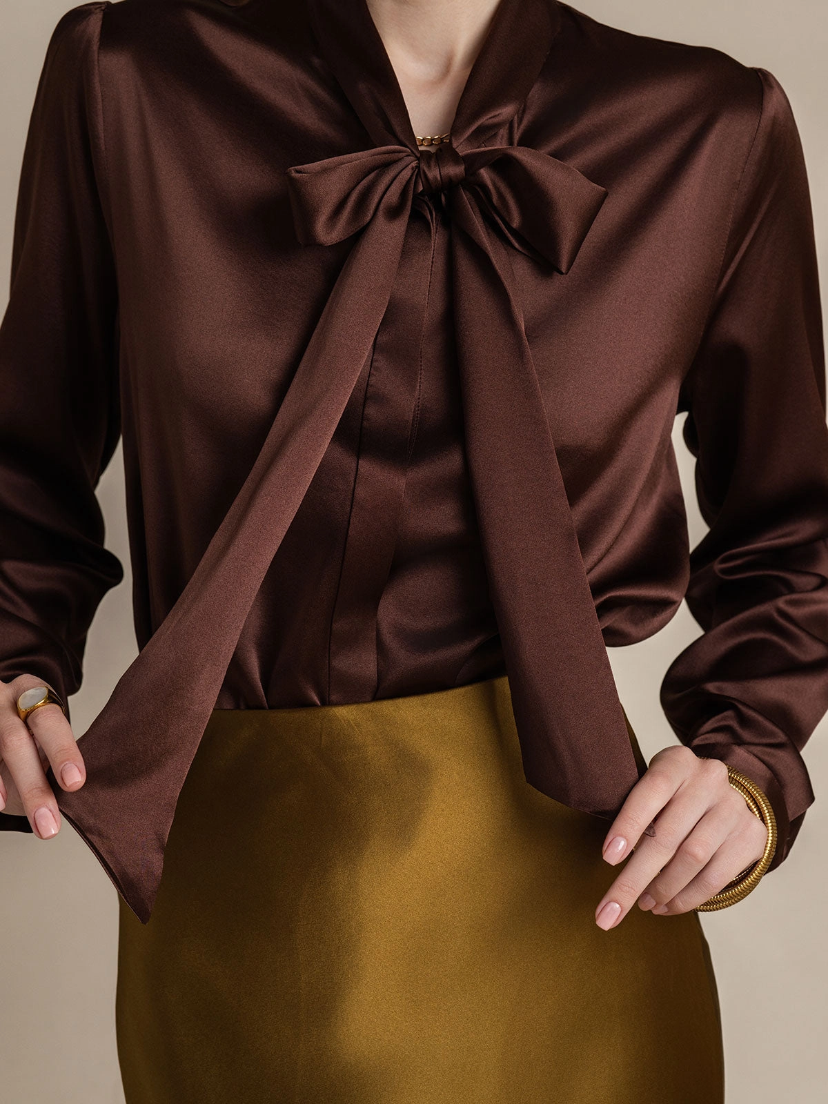 Women's 19 Momme Silk Elegant Tie Neck Long-sleeved Shirt