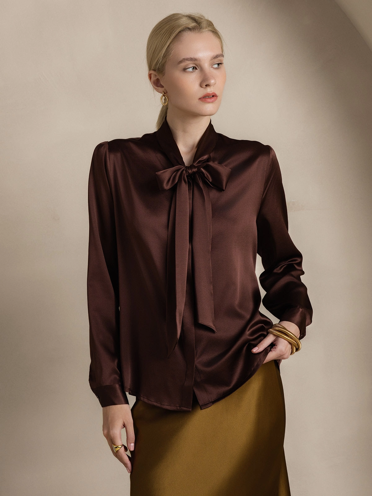 Women's 19 Momme Silk Elegant Tie Neck Long-sleeved Shirt