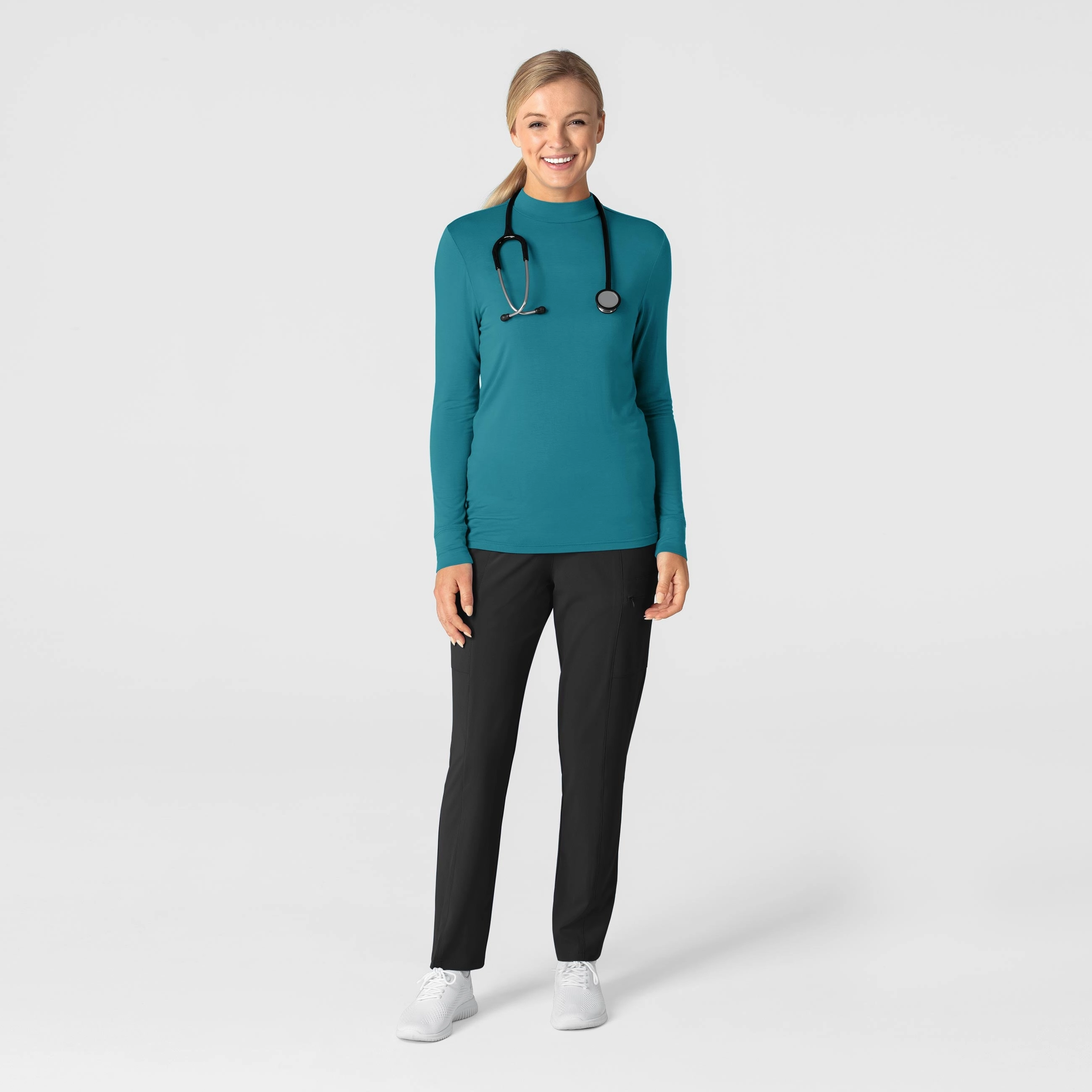Women’s Long Sleeve Mock Neck Silky Tee - Bay Blue Tee
