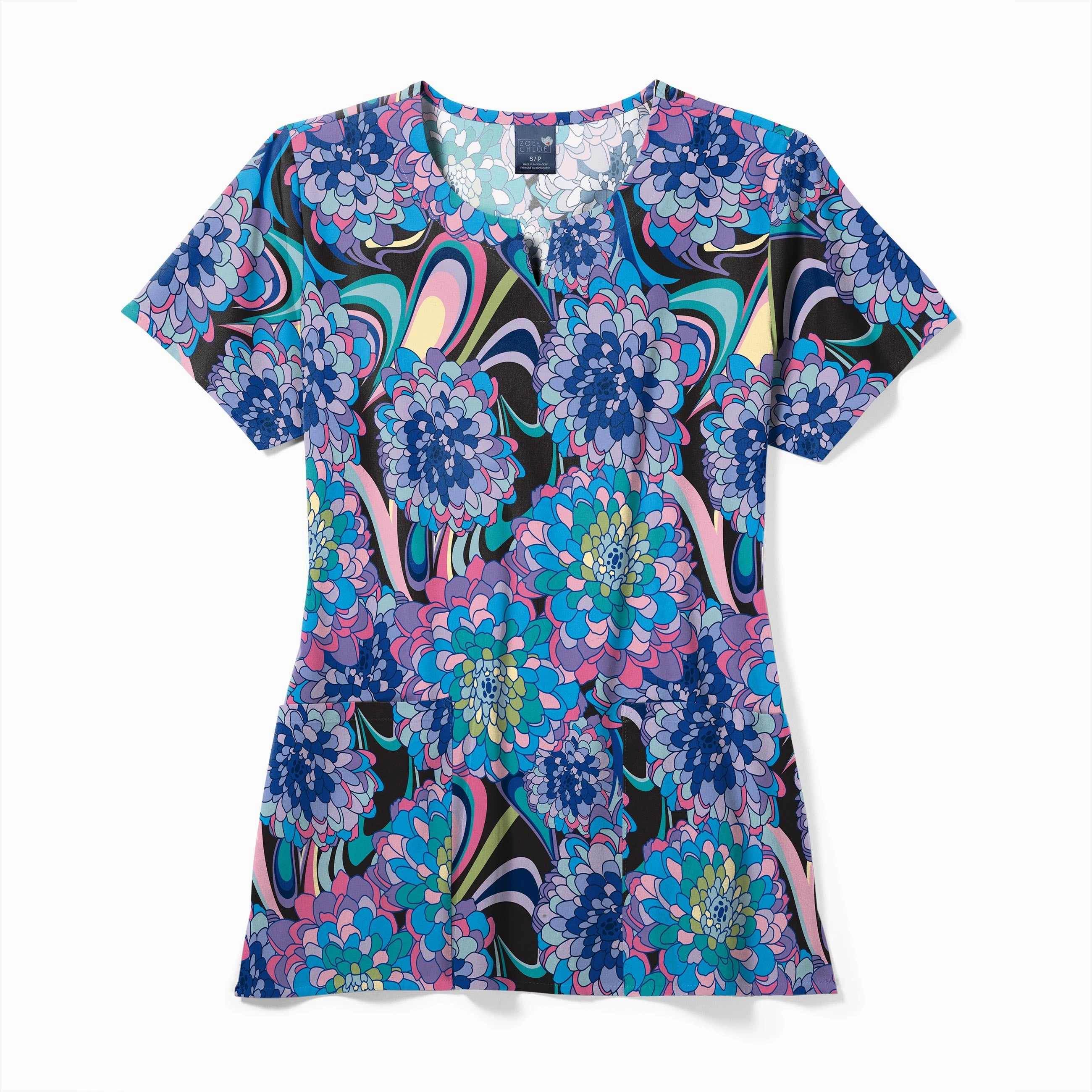 Zoe Chloe Performance Notch Neck Print Scrub Top - Disco Floral