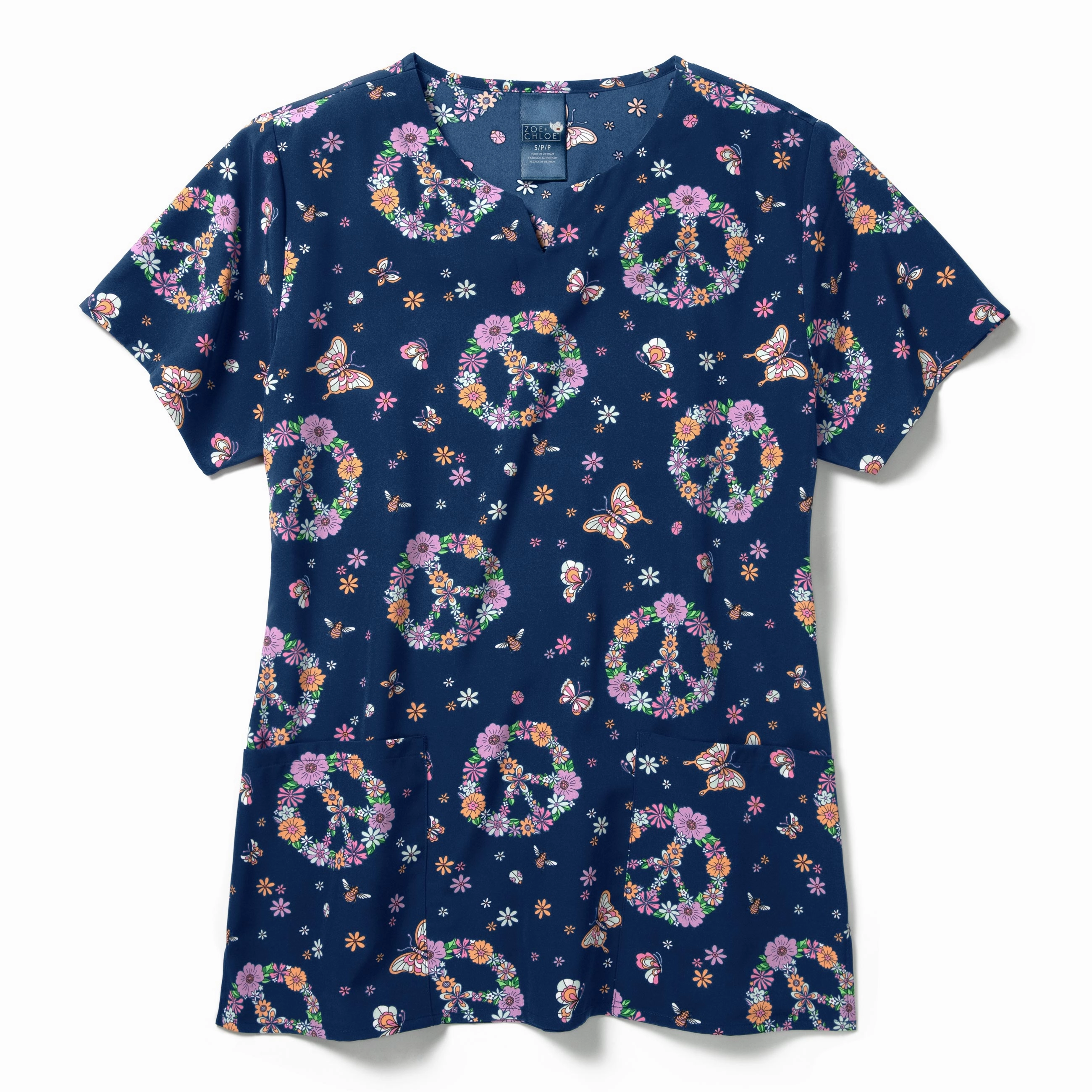 Zoe Chloe Performance Notch Neck Print Scrub Top - Groovy Garden