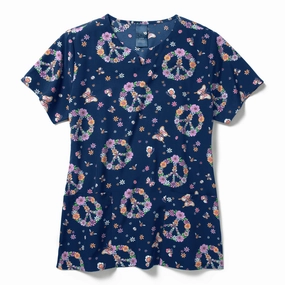 Zoe Chloe Performance Notch Neck Print Scrub Top - Groovy Garden
