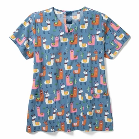Zoe Chloe Performance Notch Neck Print Scrub Top - Llama Rama