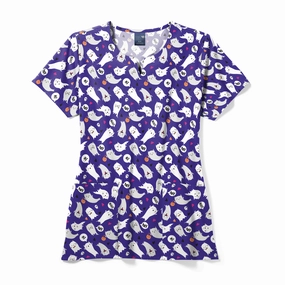Zoe Chloe Performance Notch Neck Print Scrub Top - Purranormal Cativity