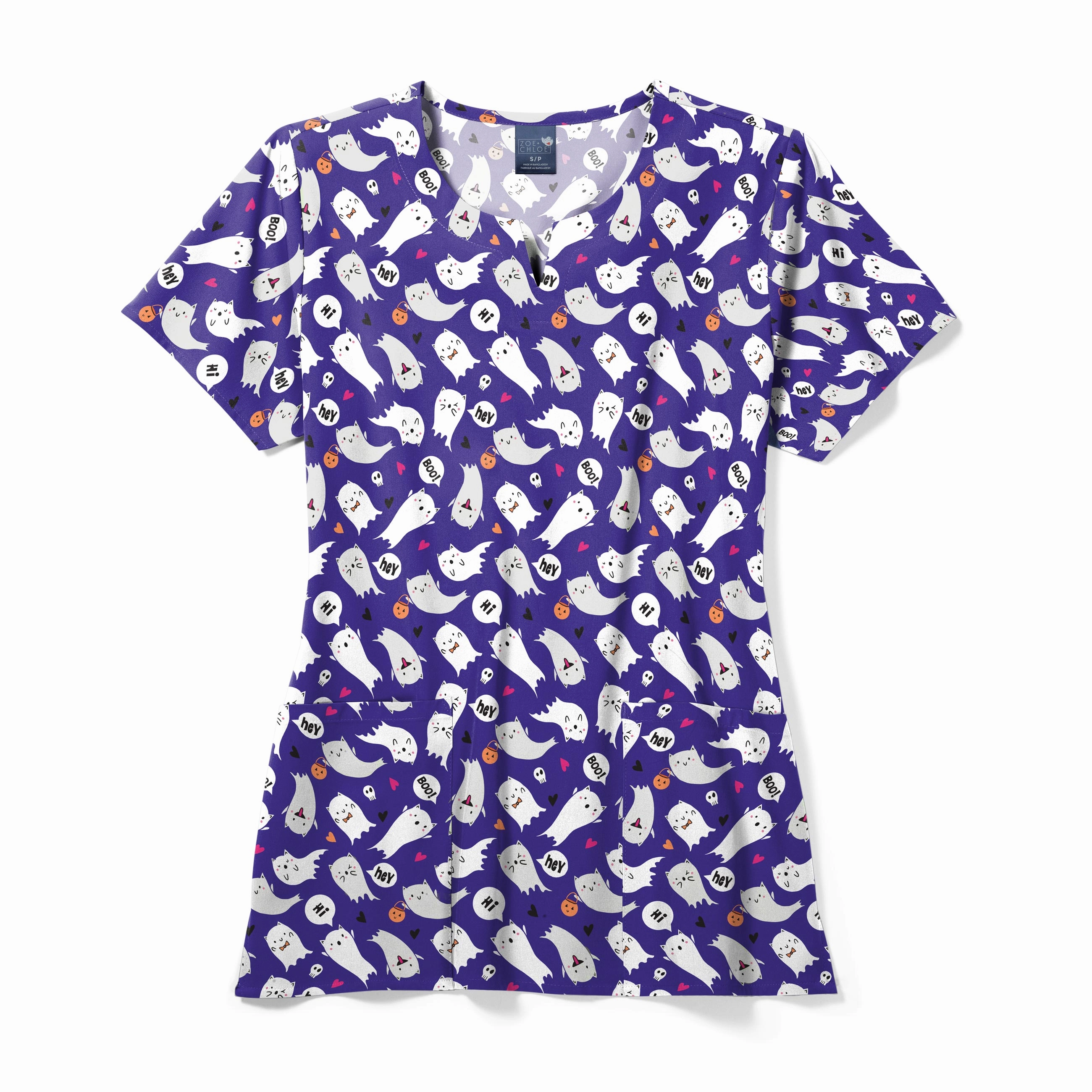 Zoe Chloe Performance Notch Neck Print Scrub Top - Purranormal Cativity