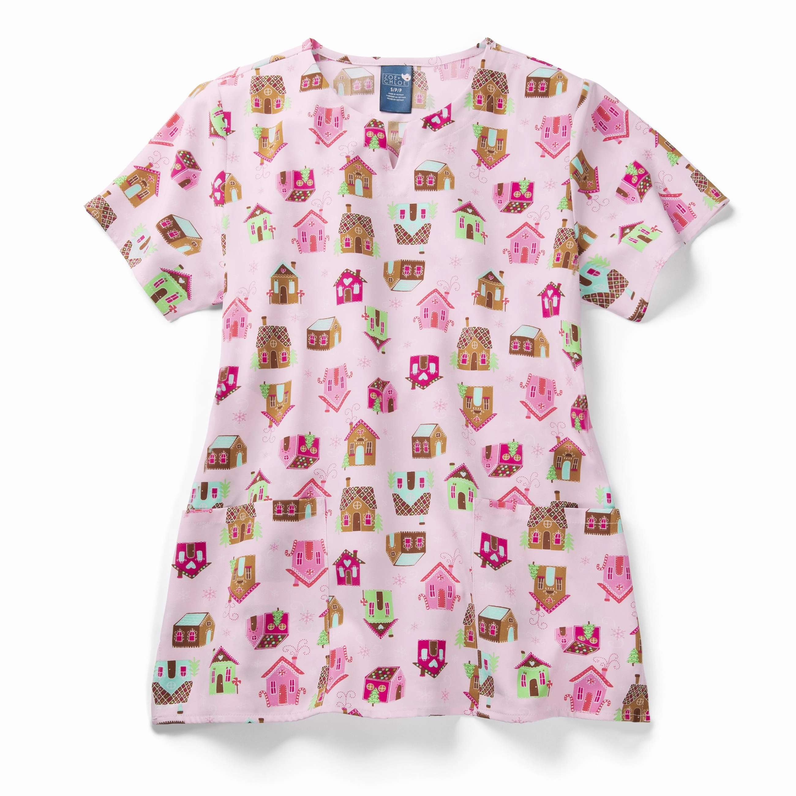 Zoe Chloe Performance Notch Neck Print Scrub Top - Snow Place Like Home